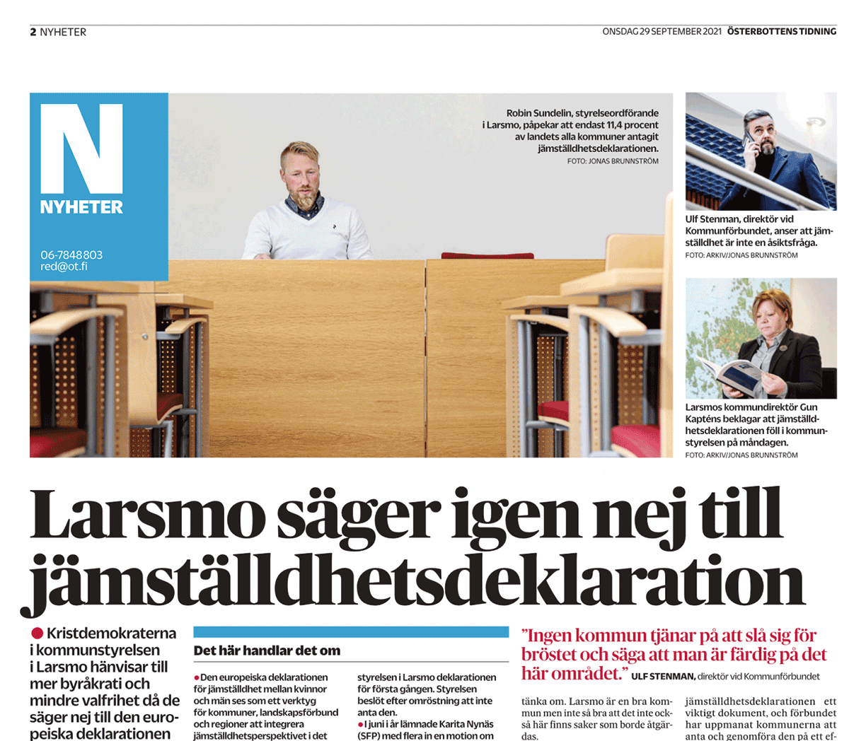 Larsmo. vägrar delta i det europeiska arbetet för jämställdhet och jämlikhet. Bild: Österbottens tidning.