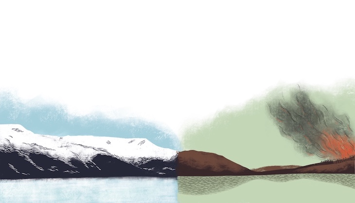 Illustrationsbild på ett landskap med snöiga berg på ena sidan och markbrand på andra sidan.
