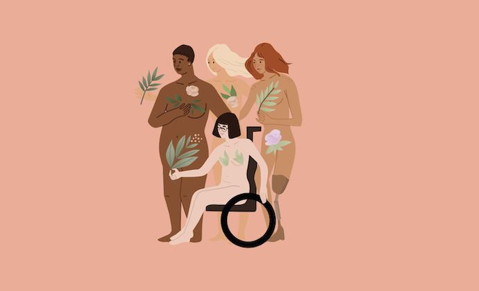 Illustration som visar tre olika kvinnor – en mörkhyad, en i rullstol och en med benprotes.