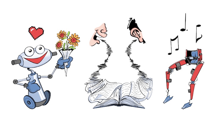 Illustration av vårdrobot, talande bok och ett dansande exoskelett.